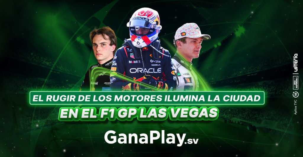 f1 gp las vegas 2025 de noche en el Strip, monoplazas compitiendo y público listo para apostar en Ganaplay